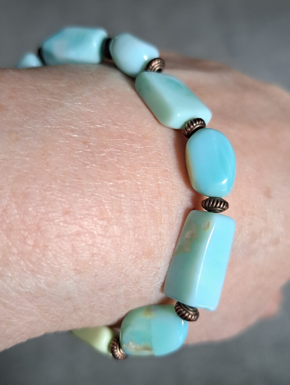 Handcrafted Amazonite Fancy Cut Gemstone Beaded 7" to 8" Bracelet in Copper